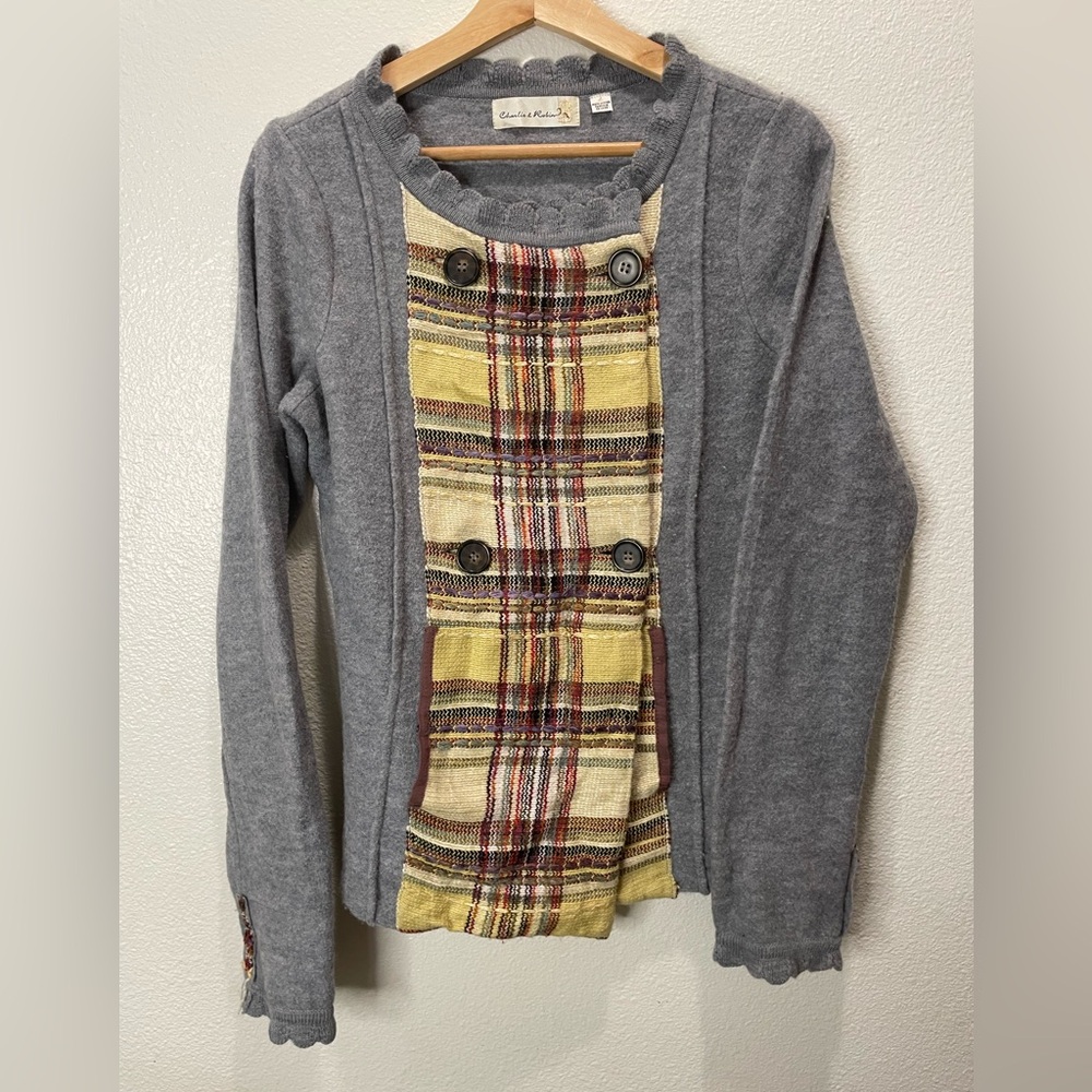 Charlie & Robin Wool Blend Button Cardigan with Yellow Plaid Front Panel